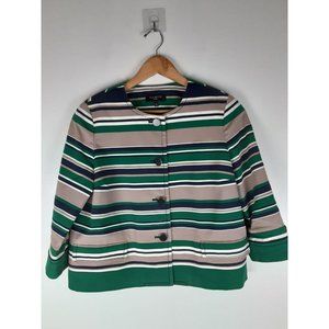 Talbots Women's Tan & Green Stripe 3/4 Sleeve Blazer Collarless 4-Button 14P